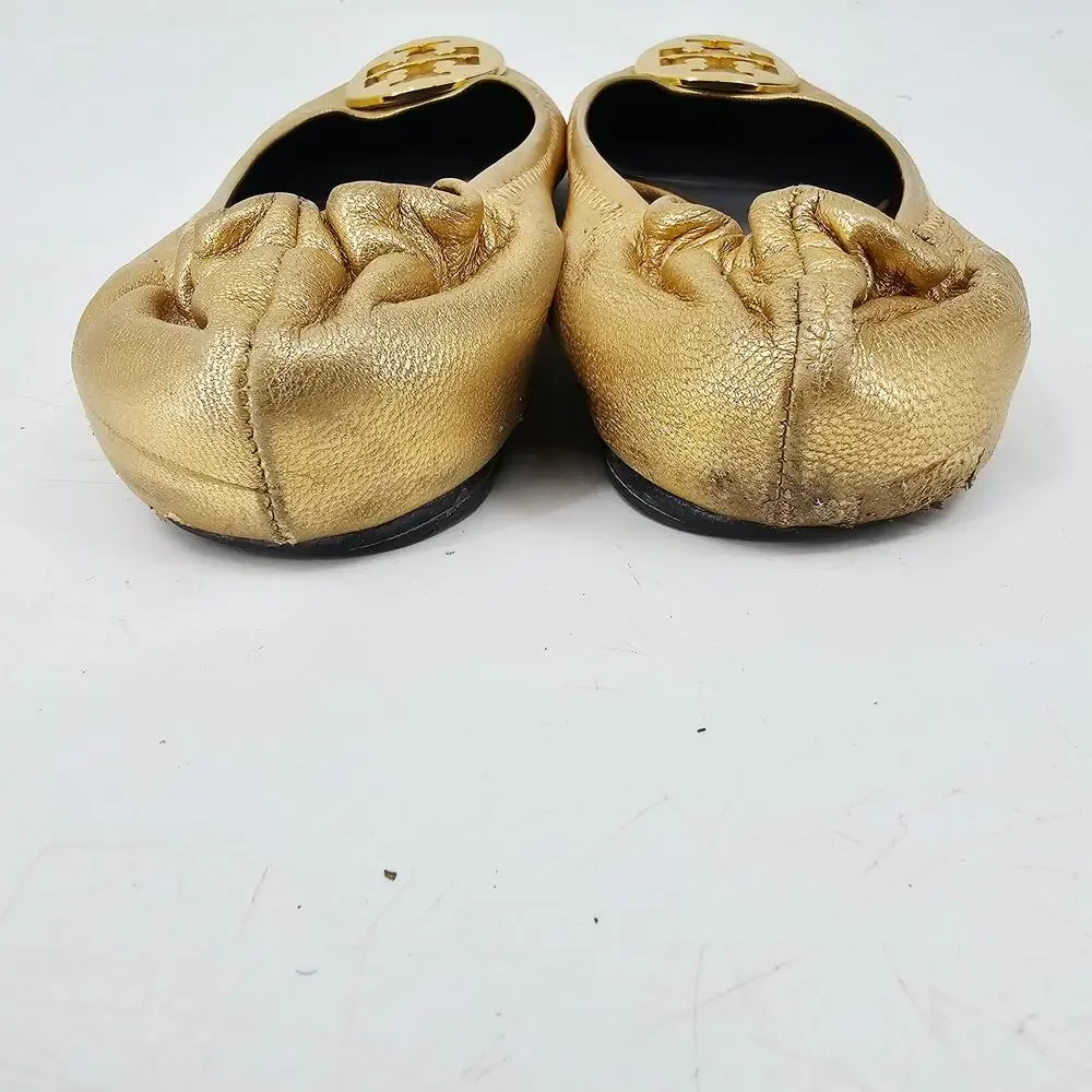 Tory Burch Minnie Gold Leather ballet flat Shoes gold logo medallion Women's 9